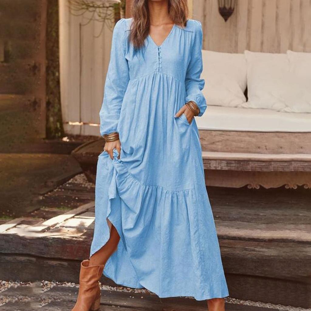 Женское повседневное платье макси с длинными рукавами, свободное многослойное платье с V-образным вырезом на пуговицах и высокой талией