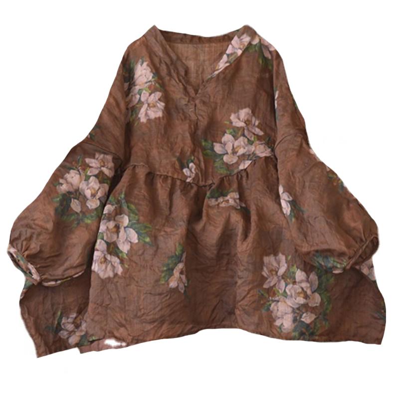 Johnature Женские винтажные футболки Ramie, футболки с v-образным вырезом и длинными рукавами, цветочный принт, одежда высокого качества, весенние свободные футболки