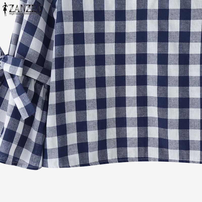 ZANZEA Women Casual V-Neck 3/4 Sleeve Loose Grid Print Blouse