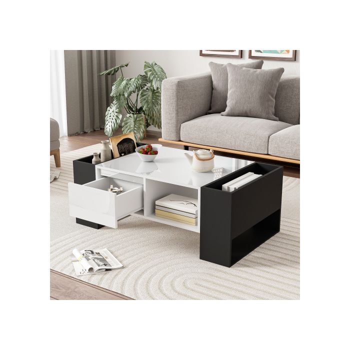 Table basse moderne 105 x 60 x 40,5cm - Design noir et blanc avec finition brillante, tiroir et plateau en bois.
