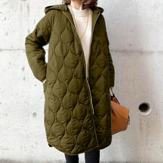 Fall Winter Women Jacket Hooded Zip-up Rhombus Texture Thin Padded Long Sleeves Mid Length Loose Work School Daily Coat