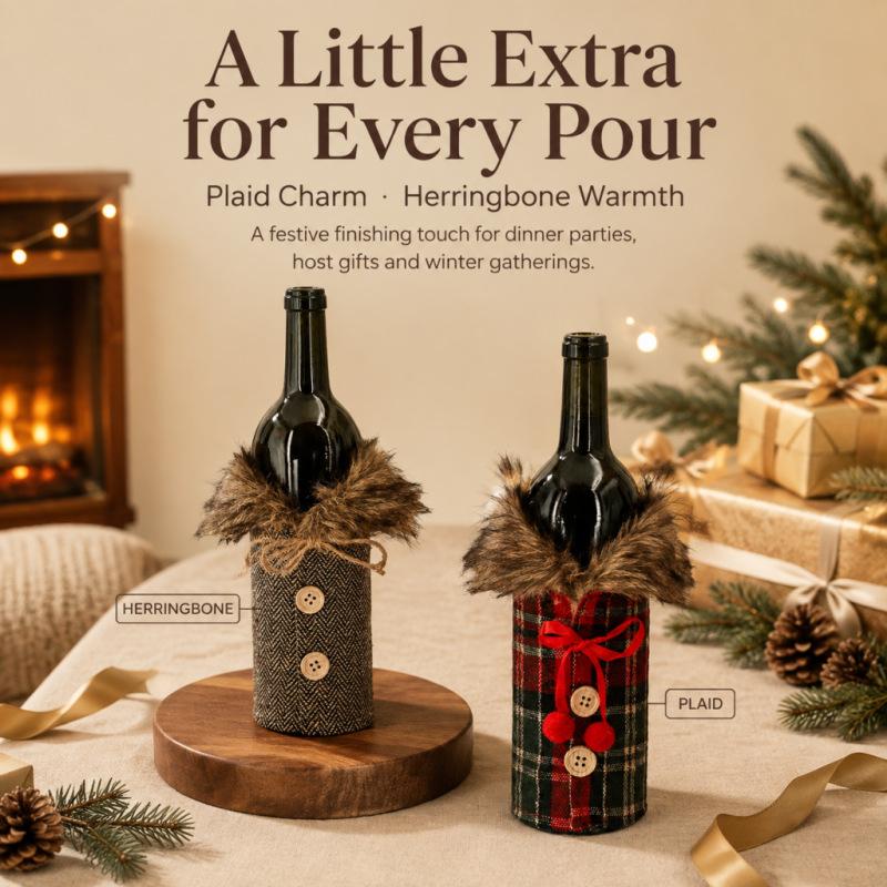 2Pcs Christmas Wine Bottle Covers Plaid Faux Fur Collar Wine Bag Holiday Dining Table Decor Champagne Sleeves
