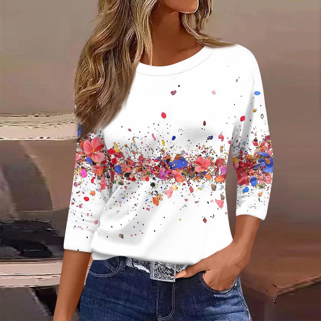 Женская футболка с принтом, рукав 3/4, повседневная, модная, на выходные, базовая, с круглым вырезом, стандартный топ