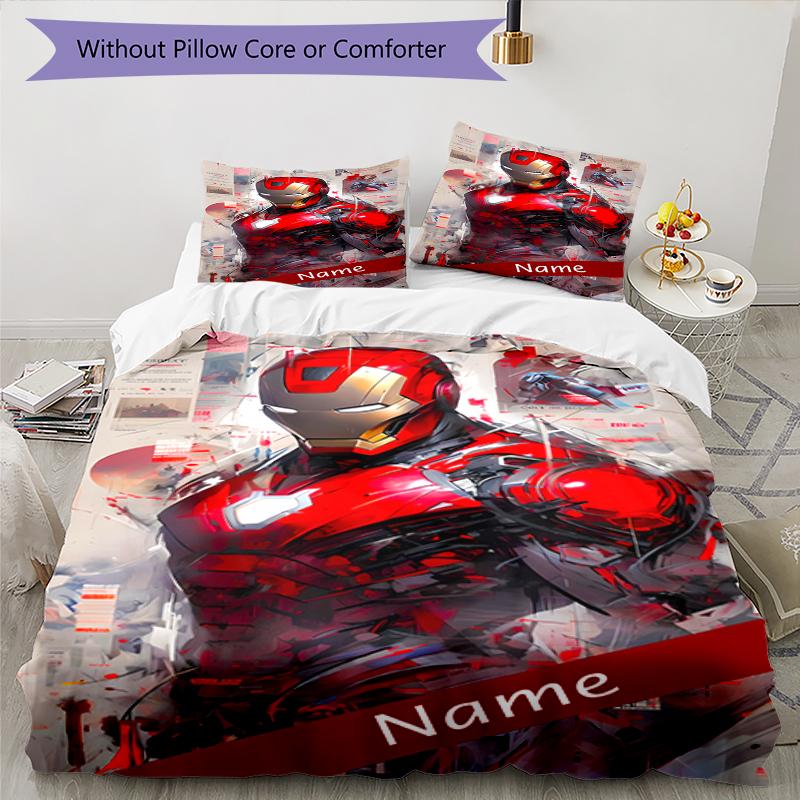 3pcs Custom Name Iron Man Bedding Set Duvet Cover Closure Includes 1 Duvet Cover & 2 Pillowcases, Soft and Comfortable for All Seasons.