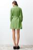 Women's Fashion New Dress Green Belted Fabric Textured Mini Woven Shirt Dress