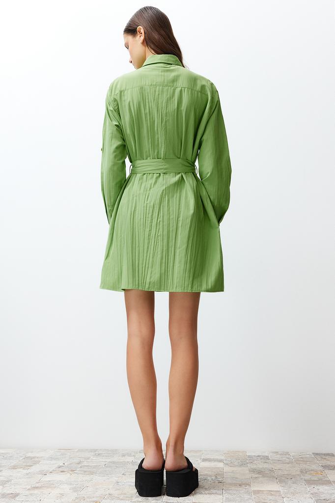 Women's Fashion New Dress Green Belted Fabric Textured Mini Woven Shirt Dress