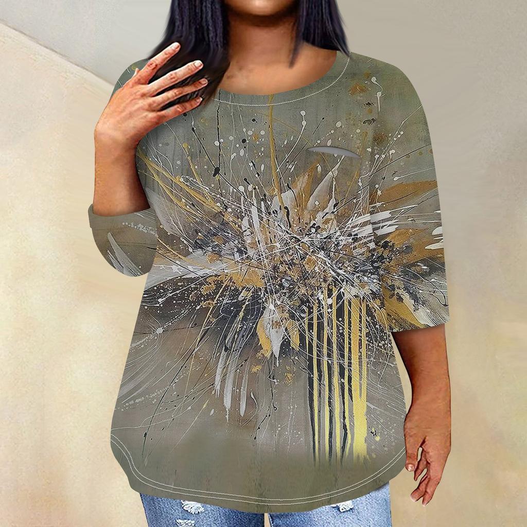 Женский модный повседневный пуловер с круглым вырезом и рукавом три четверти с принтом, топ с рукавами 4/3