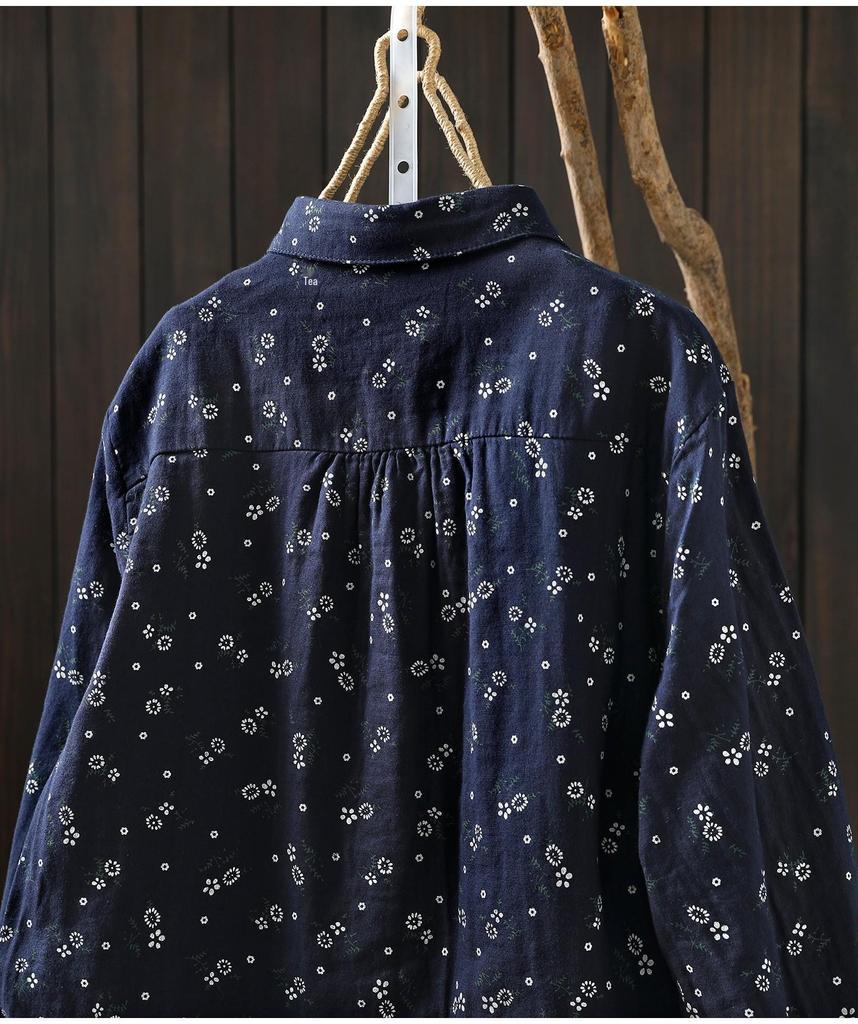 Женская рубашка из хлопковой марли с длинным рукавом в ретро-цветочном стиле, весна 2026