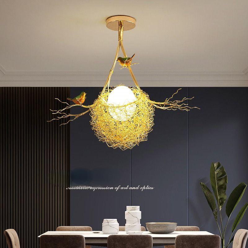 Потолочный светильник ручной работы из алюминиевого провода, светодиодный светильник для гостиной, теплая лампа для спальни, столовой, птичье гнездо, птичье гнездо, проходная люстра