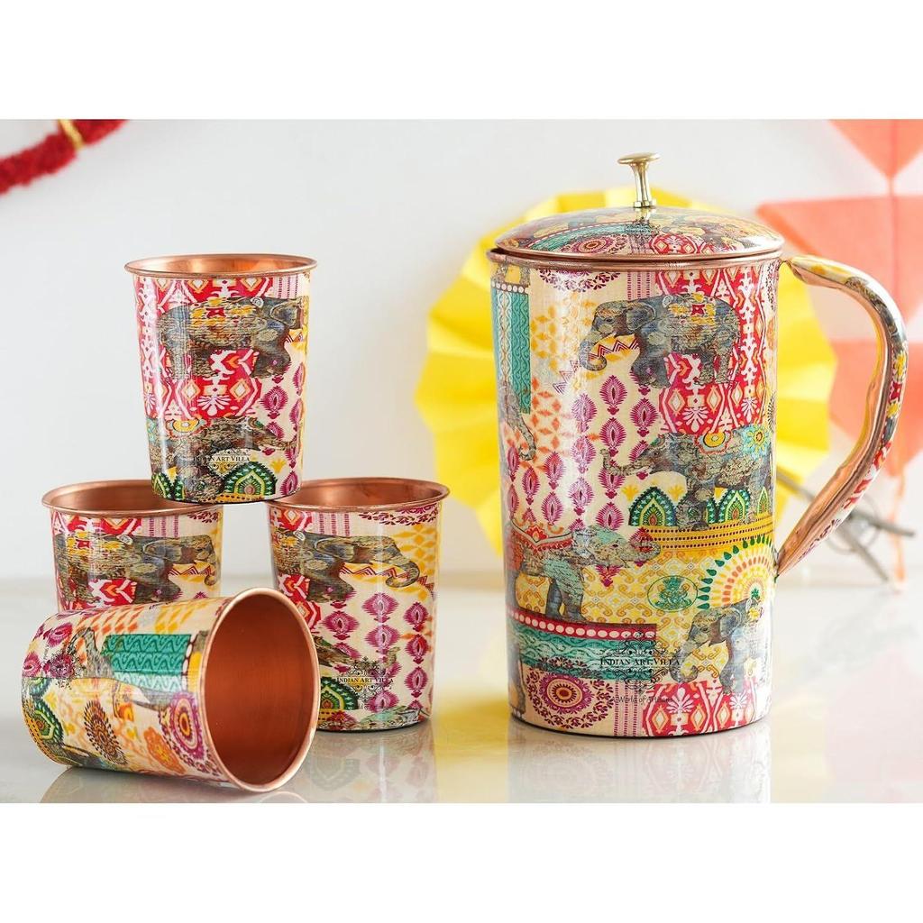 Meena Padharo Mhare Desh Theme Copper Gift Set of 1 Jug & 4 Glass - Perfect for Home, Office, and Gifting, Jug-1.5 Litre & Glass-270 ML Each