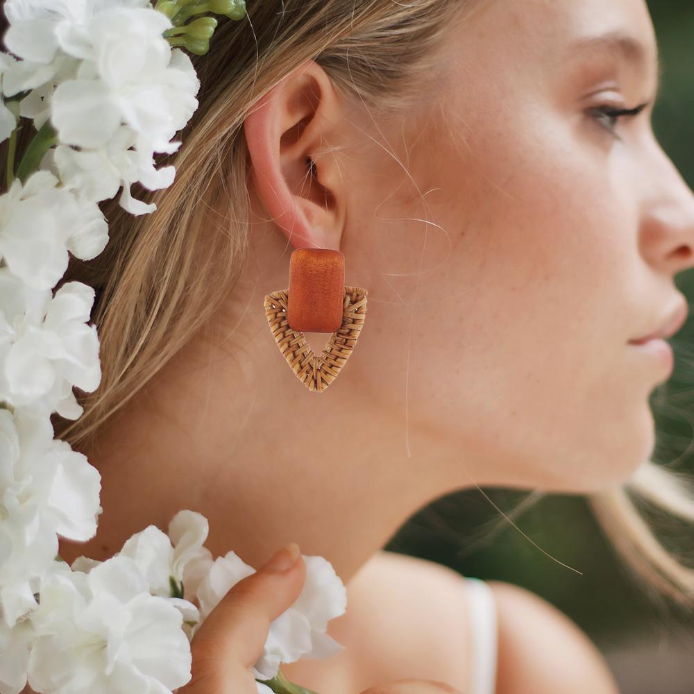 Handmade Korea Bamboo Wooden Straw Weave Rattan Knit Vine Circle Triangle Drop Earrings for Women Girl Beach Jewelry Earrings