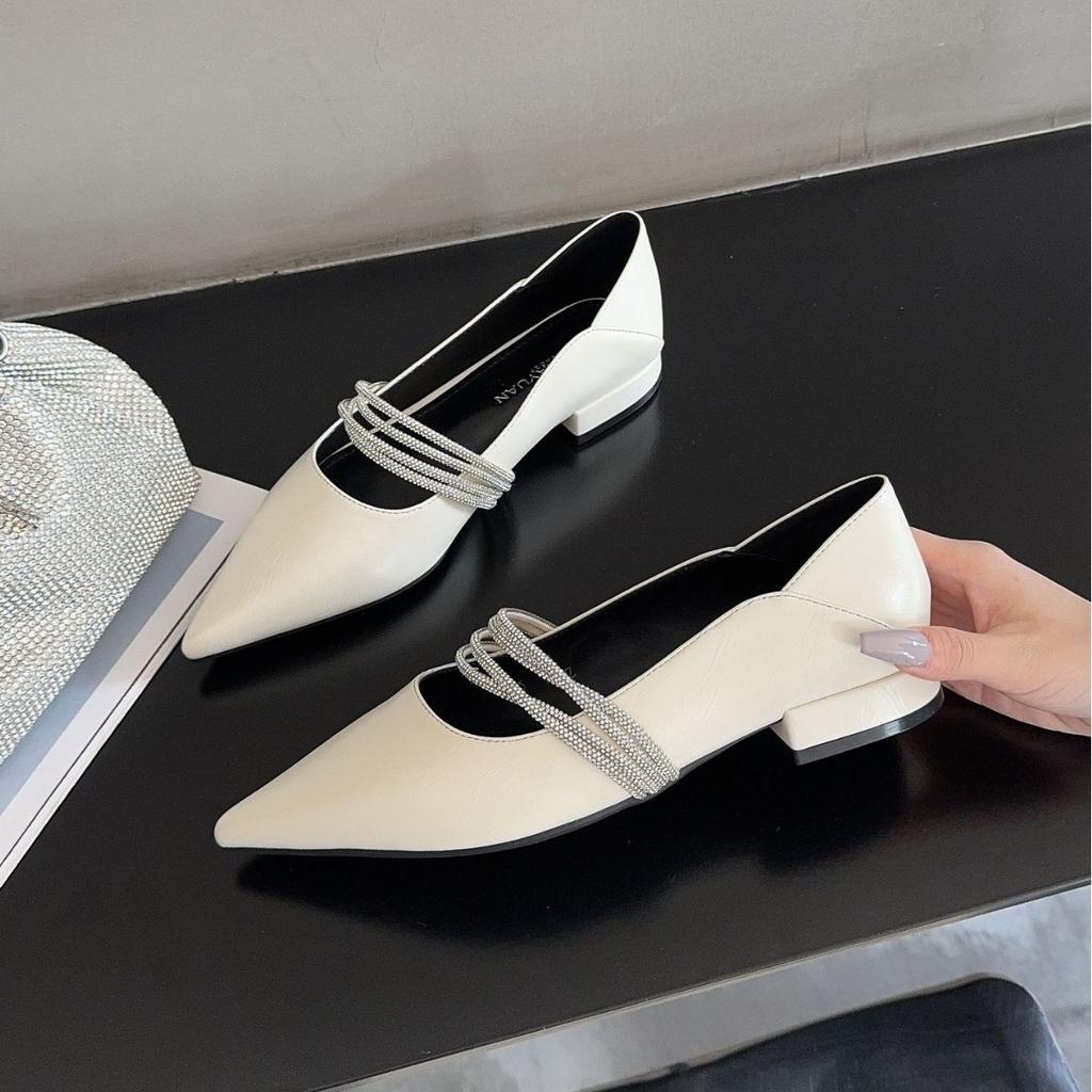 Европейская станция заостренные женские туфли 25 осень коровья кожа мелкий вырез с бриллиантами маленькая женская сумка голова плоские сандалии леди стиль мода