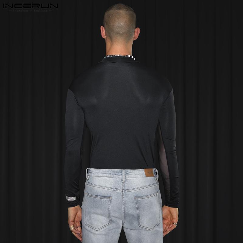 INCERUN Мужской прозрачный сетчатый купальник с длинными рукавами в стиле пэчворк, прозрачные комбинезоны