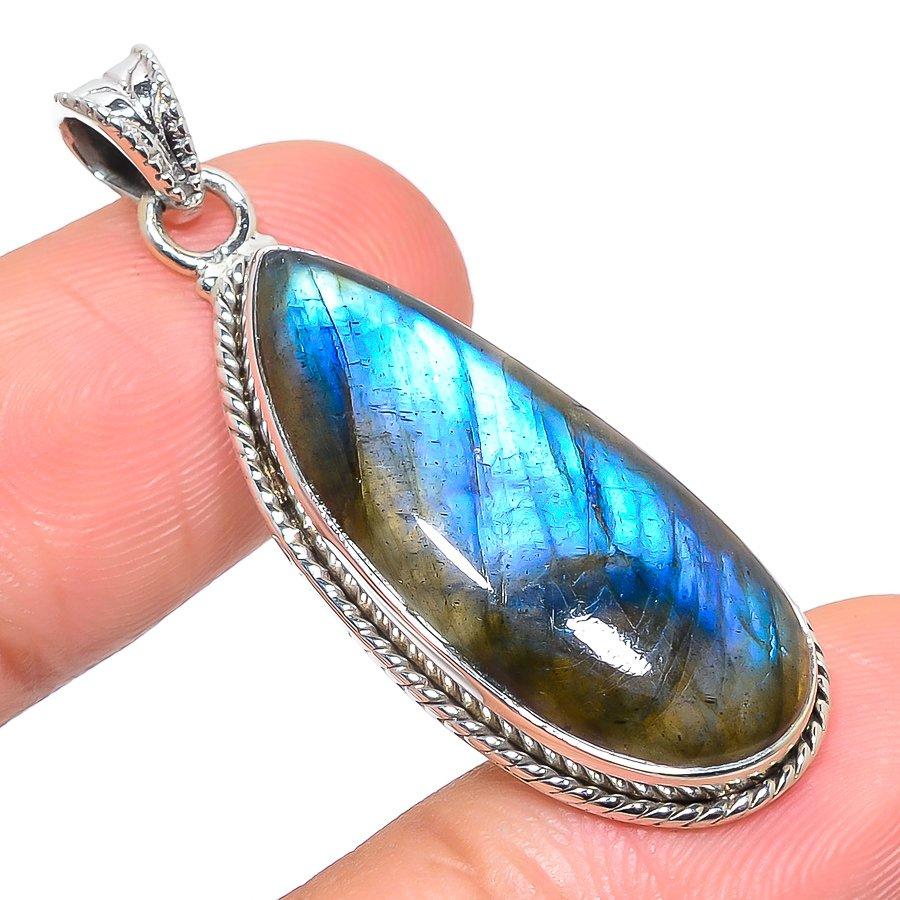 Natural Labradorite Gemstone 925 Solid Sterling Silver Gift Pendant 1.77" R8Q19