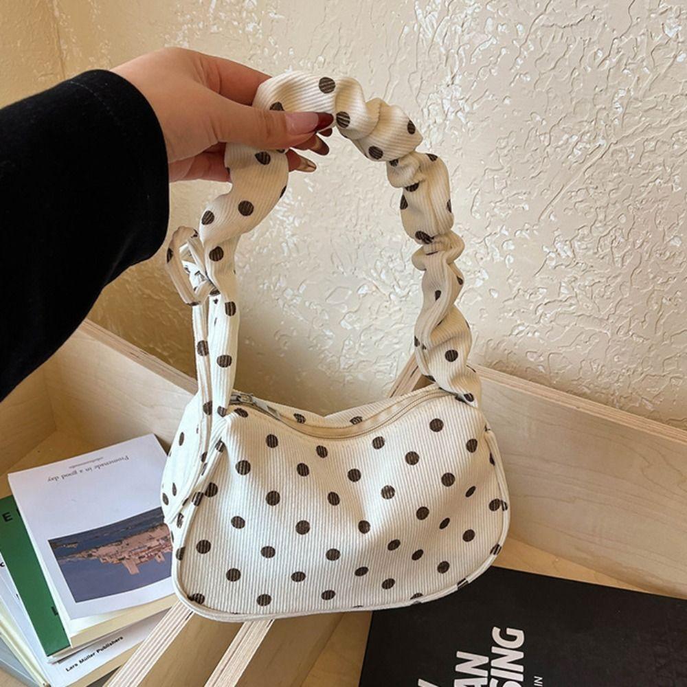 Cloth Polka Dot Shoulder Bag Ruched Strap Canvas Underarm Bag Comfortable Printed Handbag Shopping
