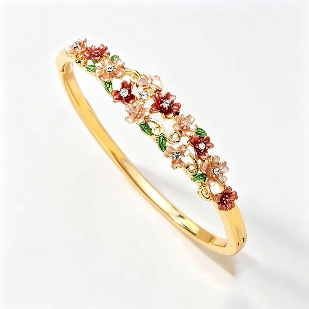 Vintage Enamel Bracelet Rhinestone Decor Floral Open Cuff Bangle Hollow Flower Bracelet Gift Idea