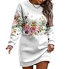Women Fall Winter Sweartshirt Dress Flower Print Round Neck Long Sleeve Loose Pullover Thick Warm Mid Length Elastic Cuff Lady Spring Mini Dress