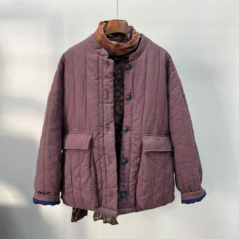 Johnature Women Vintage Linen Parkas Stand Long Sleeve Button Plus Cotton Warm Coat Winter Solid Color Chinese Style Parkas