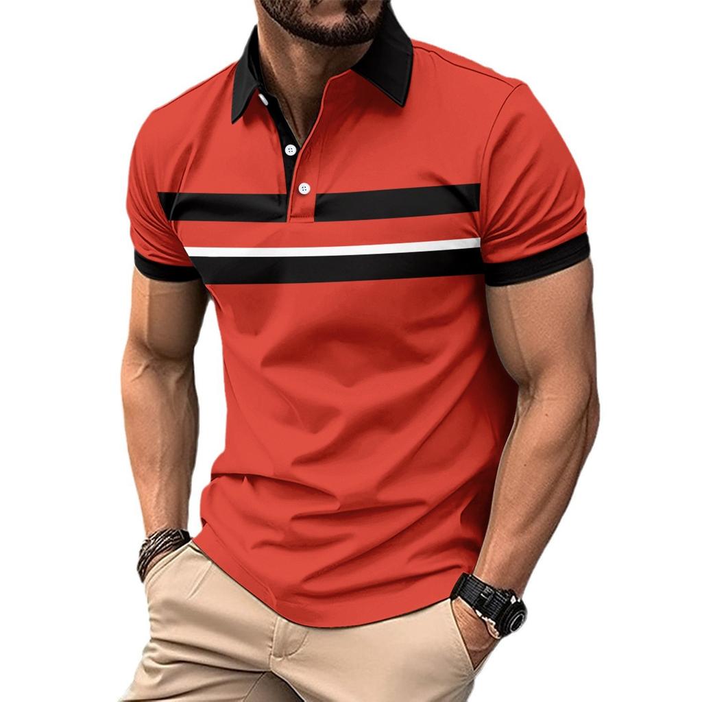 New Men's Casual Polo Shirt with Collar and Buttons Versatile Business Digital Stripe Print Top