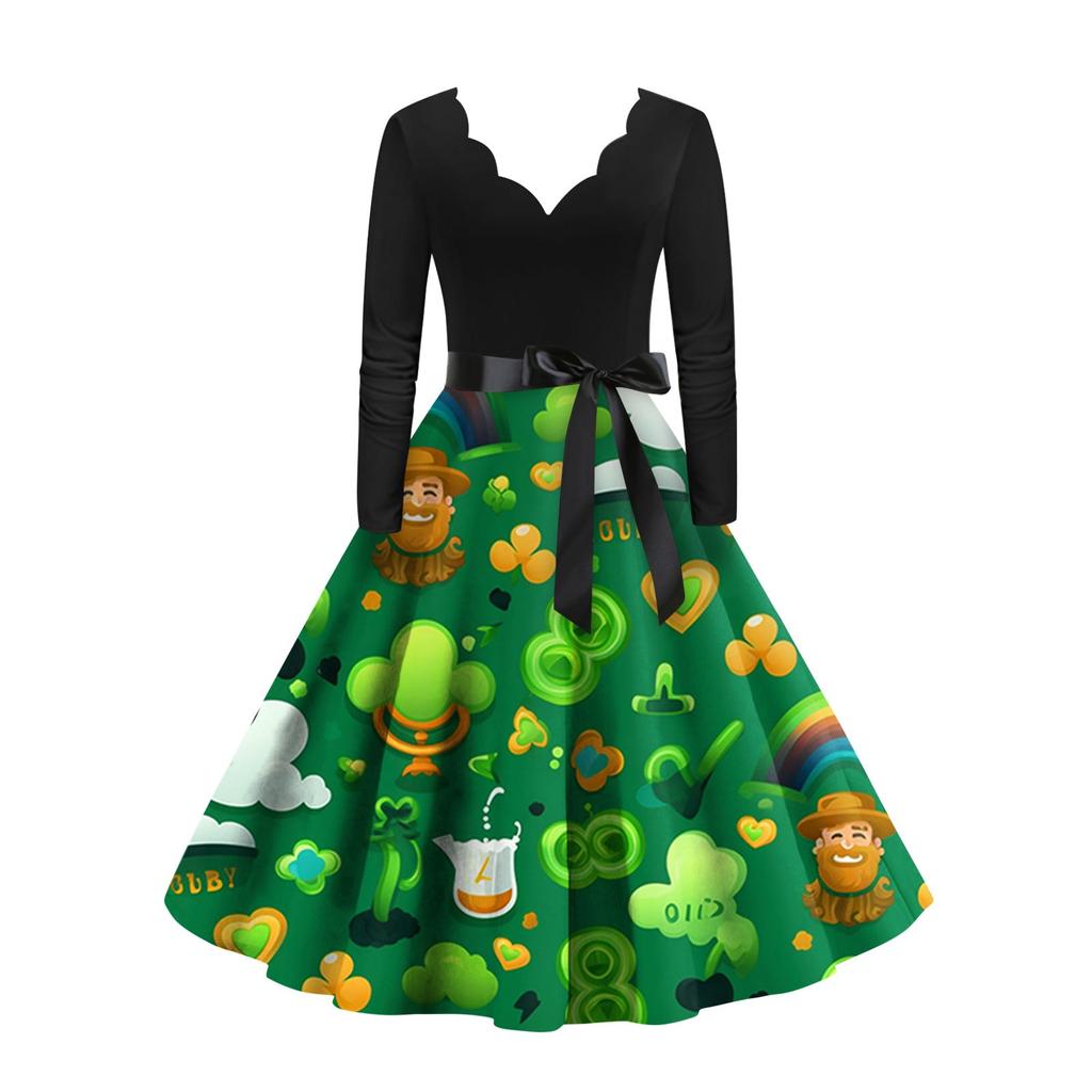 Women's Vintage Classic Dress Long Sleeve St. Patrick's Day Print V-neck Swing Dress