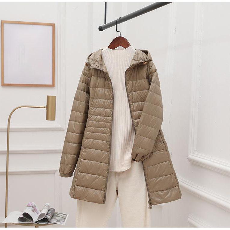 Женский длинный теплый пуховик с портативной сумкой для хранения, женский легкий пуховик, женские пальто длиной до бедра, High Street