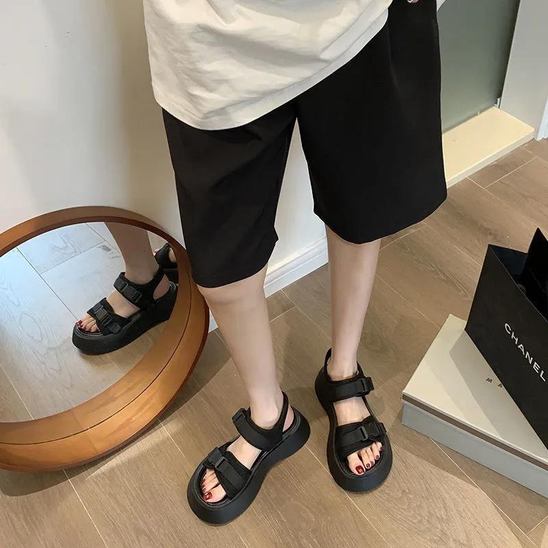 Черные спортивные сандалии женские летние новые на толстой подошве с увеличением высоты римские туфли универсальные харадзюку милые и крутые студенческие ins тренд