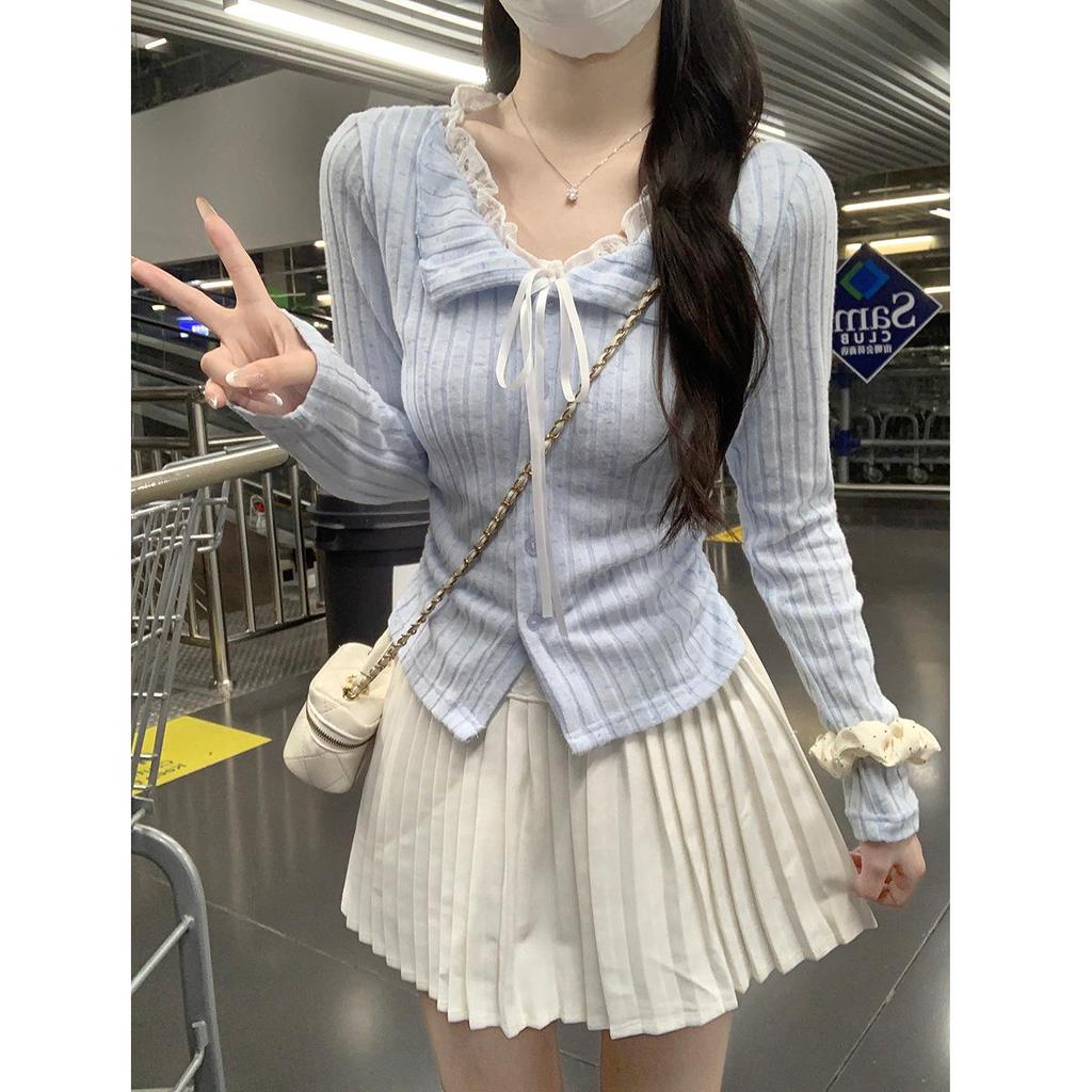 Snowflake Stripe Brushed Blue Lace Two-Piece Long Sleeve T-Shirt - Women's Autumn Short Style
