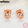 Real 925 Sterling Silver & Rose Gold Color Petite Hearts Stud Earrings For Women