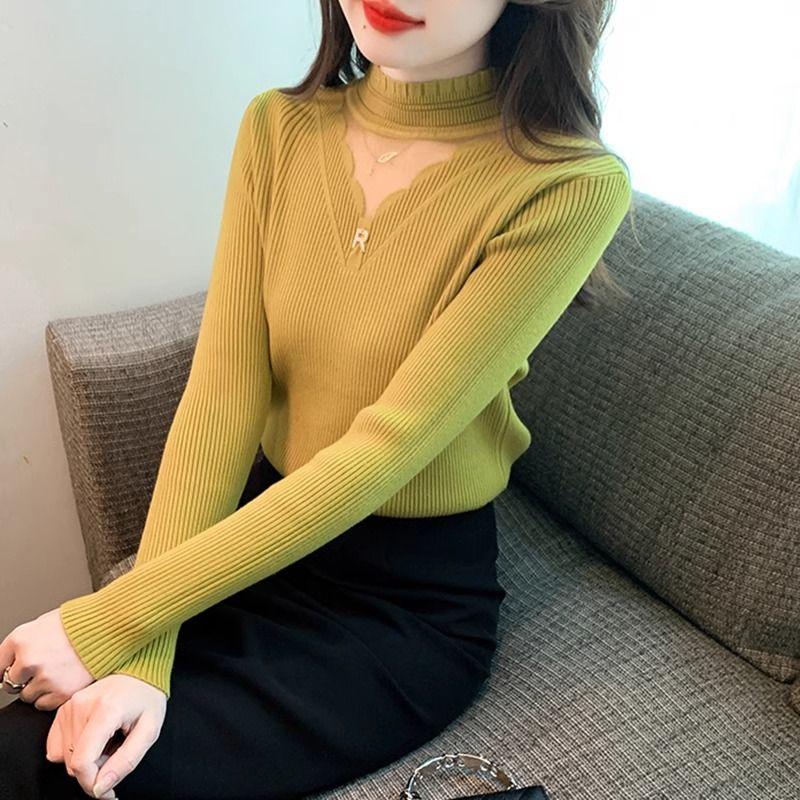 Turtleneck Hollow-out Lace Trim Knitwear Long Sleeve Spring Autumn Versatile Fashion Outer Wear Base Layer Top