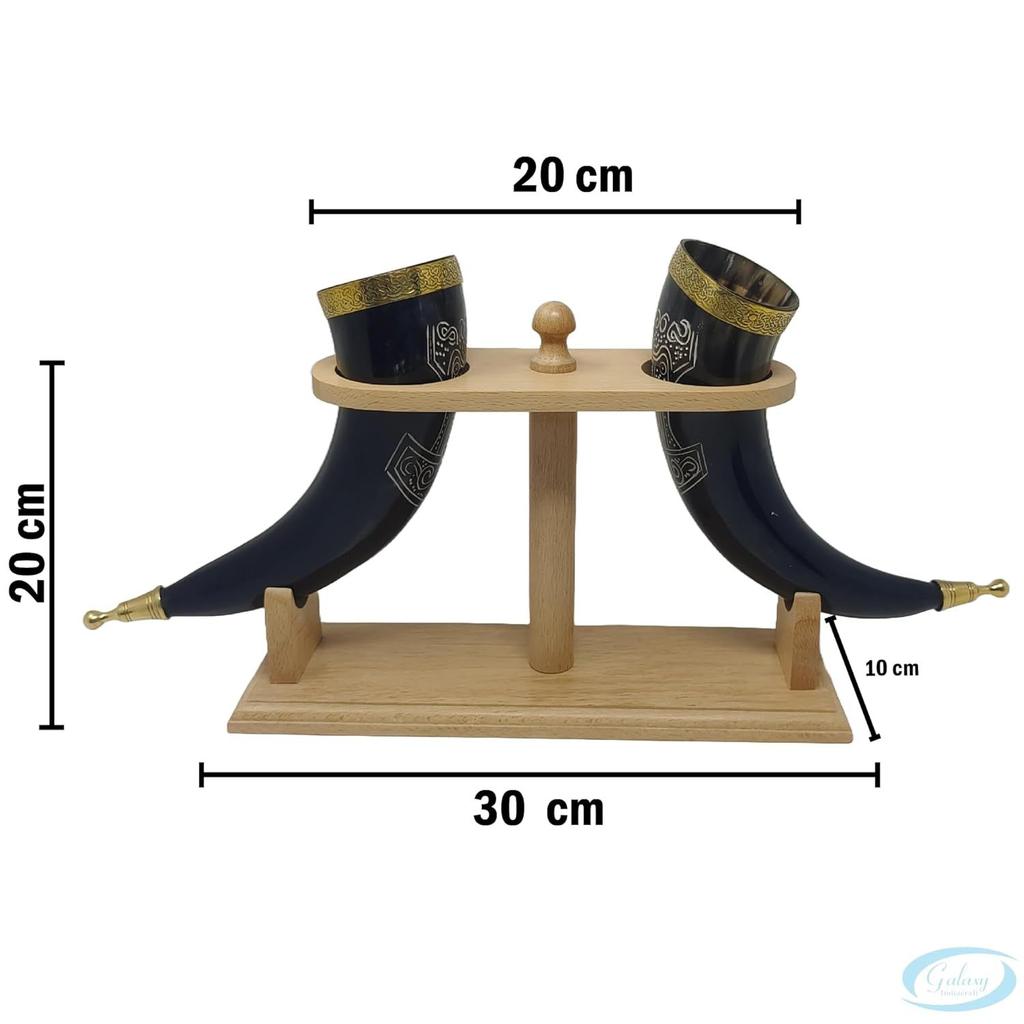 Viking Drinking Handmade Natural OX Horn Cup for Ale, Beer, Mead, Wine | 12 Inch | 100% Leak Free | with Beautiful Wooden Stand (Set of 2)