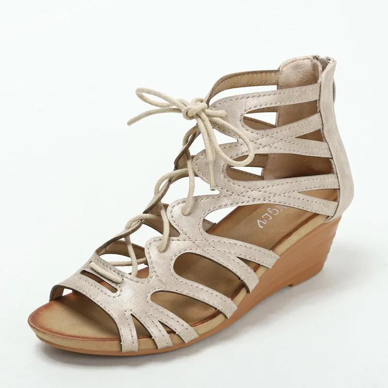 Женские римские сандалии в стиле ретро, ​​новый стиль, удобные модные сандалии на танкетке с круглым носком и открытым носком, большие