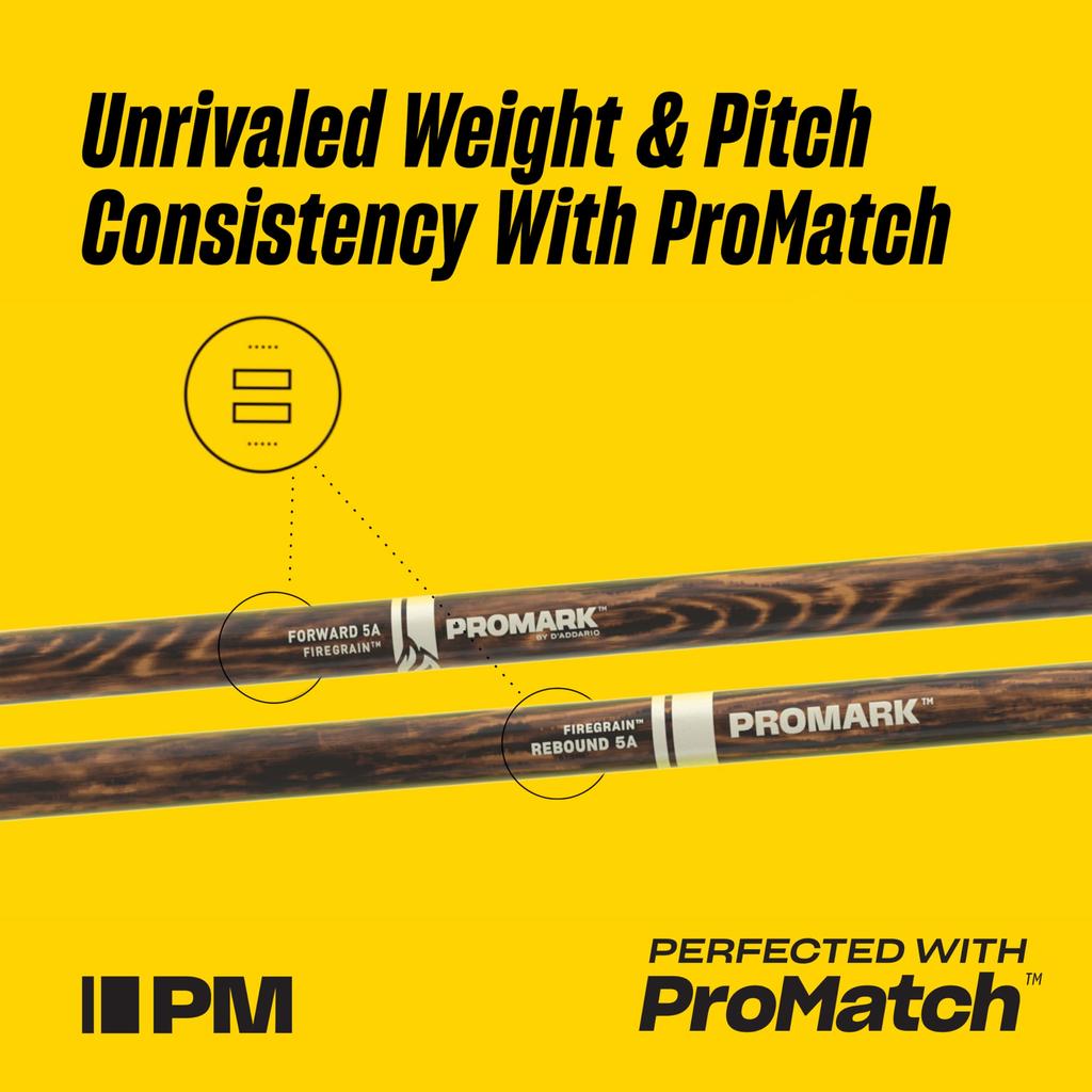 PROMARK Rebound Series Hickory Fire Grain Drumsticks, 5AB (R5ABFG) (406.4 X 14.7mm)