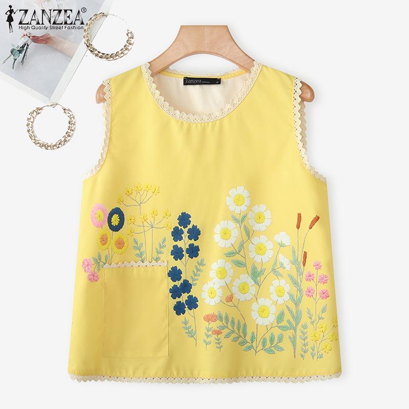 ZANZEA Женские повседневные летние топы-майки без рукавов с принтом и круглым вырезом