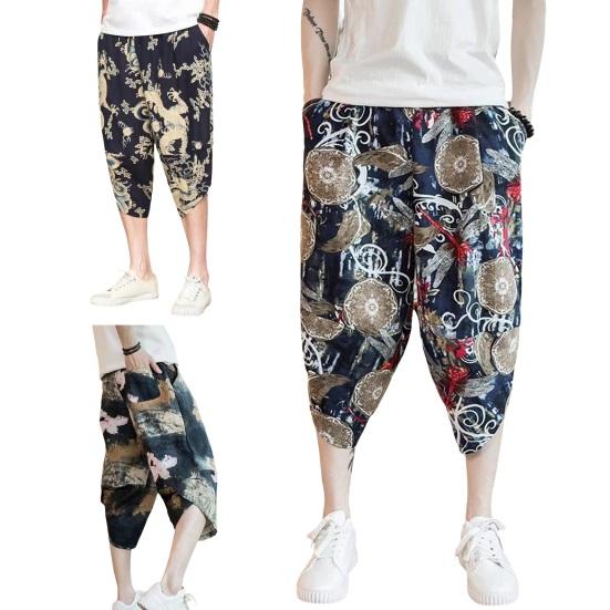 Летние мужские брюки больших размеров с ретро-принтом в китайском стиле, боковые карманы на шнурке, эластичная талия, свободные повседневные укороченные брюки