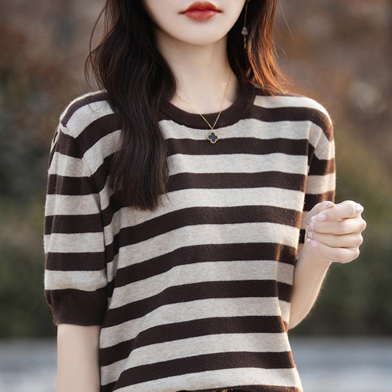 Women Knit T-shirt MODERN NEW SAGA Summer Knitted Shirt Striped Short Sleeve Tees O-neck Pullover Knit Tops