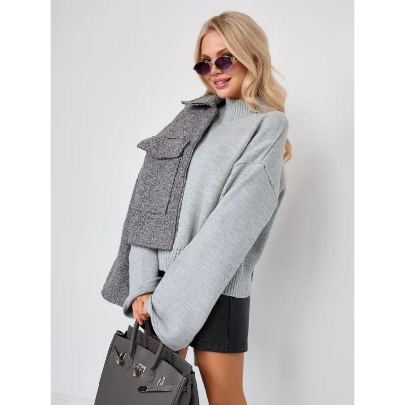 Осень Зима Высокий Воротник Однотонный Простой Универсальный Свитер Женский Расклешенный Рукав Модный Универсальный Вязаный Пуловер Топ