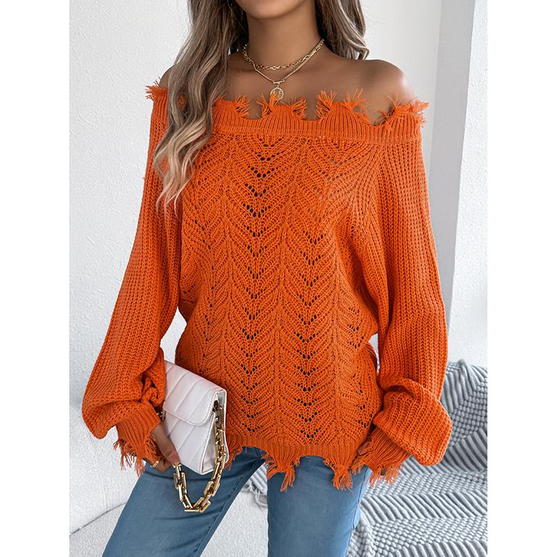 Женские свитера Осень Зима Однотонные Ажурные С длинным рукавом Рваные С открытыми плечами Пуловер