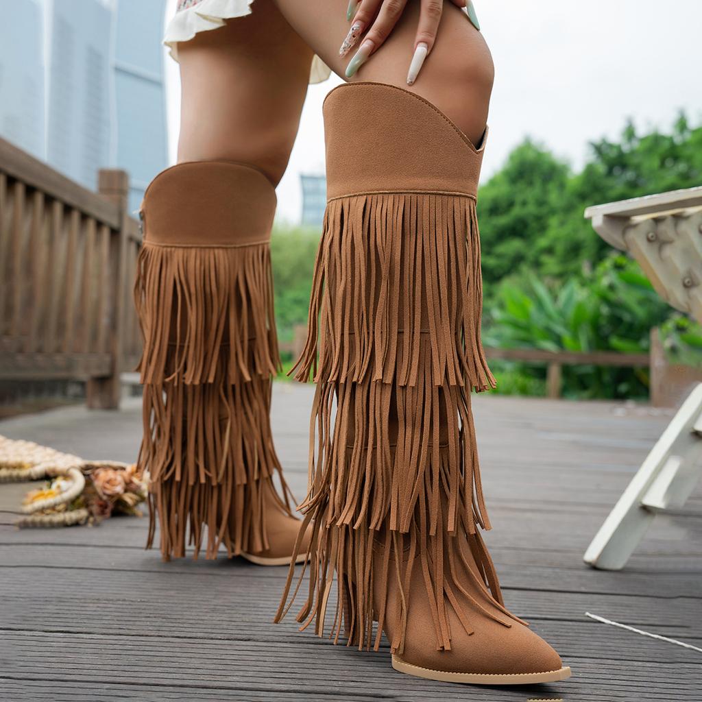 Large Size Women'S Long Tassel Boots Autumn And Winter Pointed Thick Heel Fashion Boots Vintage Boots