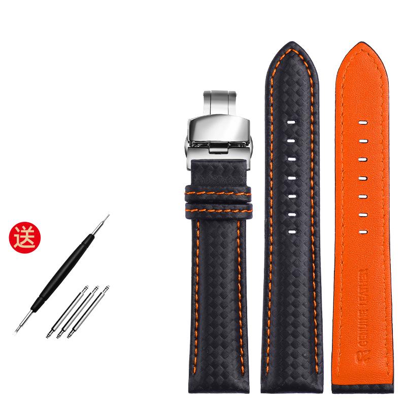 Genuine Leather Bracelet Carbon Fiber Grain Watchband Red Stitching 18mm 20mm 22mm Watch Band Strap Accessories Butterfly Buckle