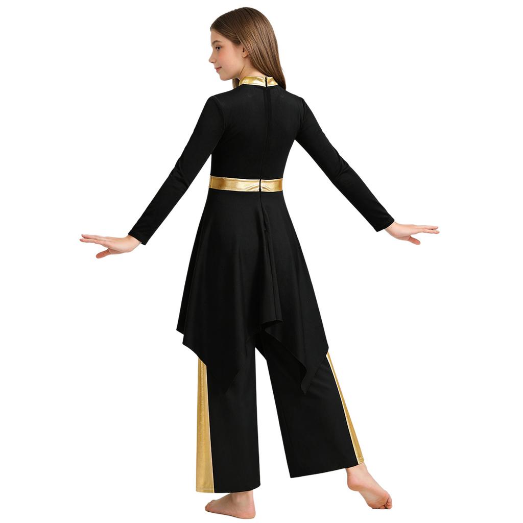 Girls Liturgical Dance Costume: Long Sleeve Mock Neck Metallic Patchwork Dress with Asymmetrical Hem & Wide-Leg Pants