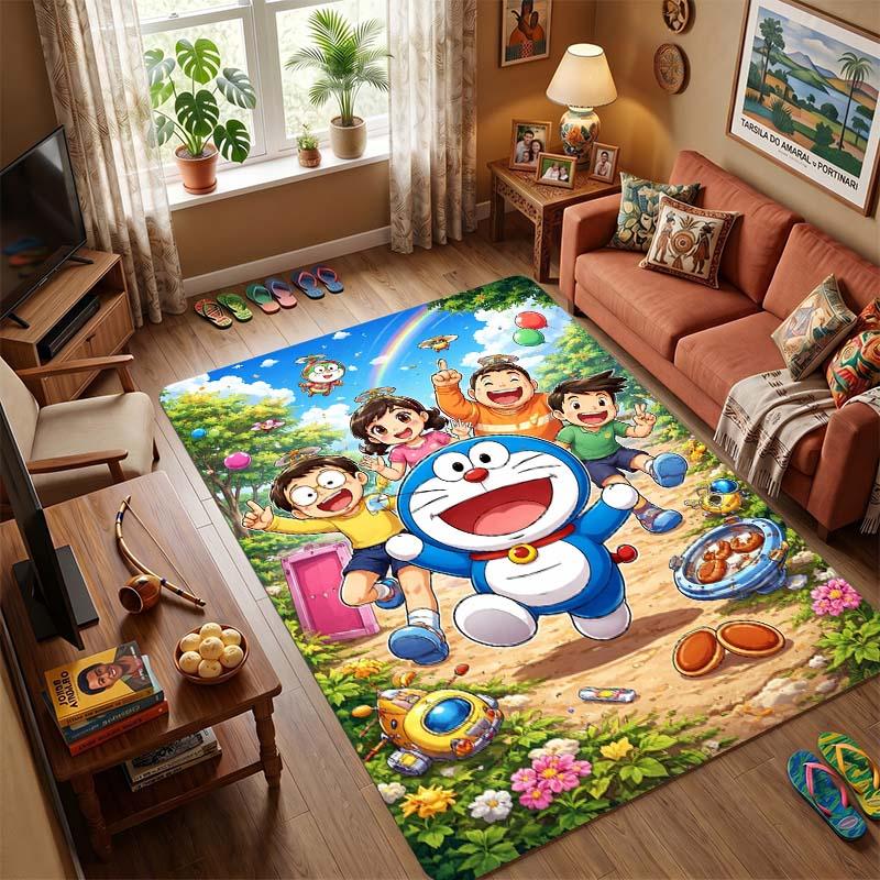 Doraemon & Friends Flying with Bamboo-Copter Area Rug, Non-Slip Floor Mat with Anime Print, Durable Carpet for Kids Bedroom