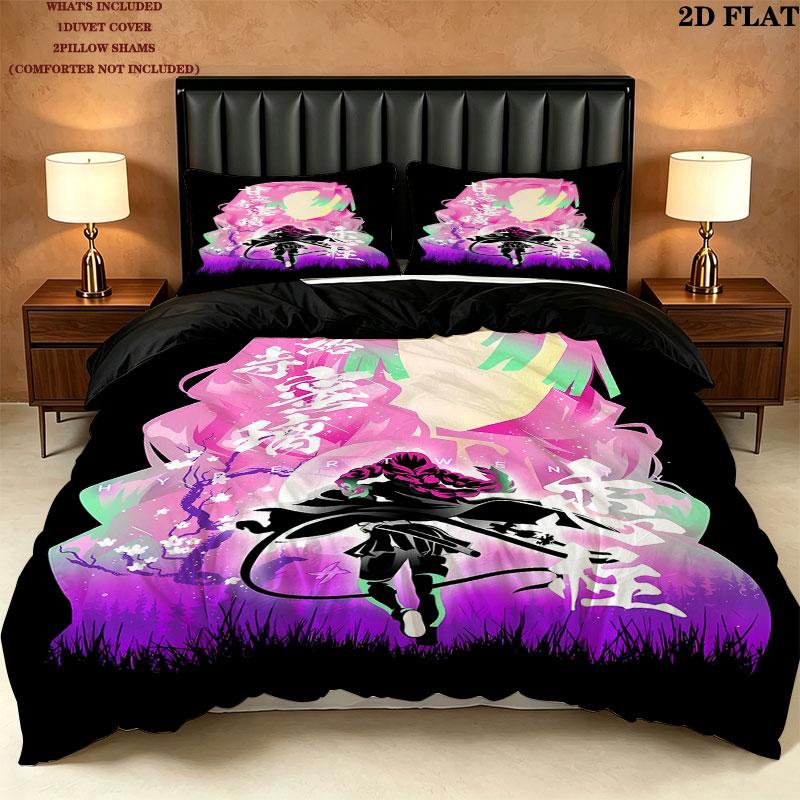 Demon Slayer Pattern Bedding Quilt Set Quilt Cover Pillowcase Home Birthday Gift(1 * duvet cover + 2 * pillowcase, without core)