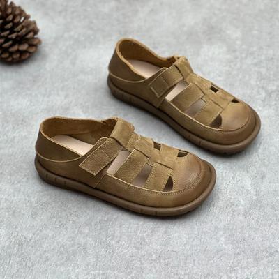 Сандалии ручной работы из натуральной кожи, винтажная женская обувь из воловьей кожи с круглым носком, плоская тканая обувь на липучке