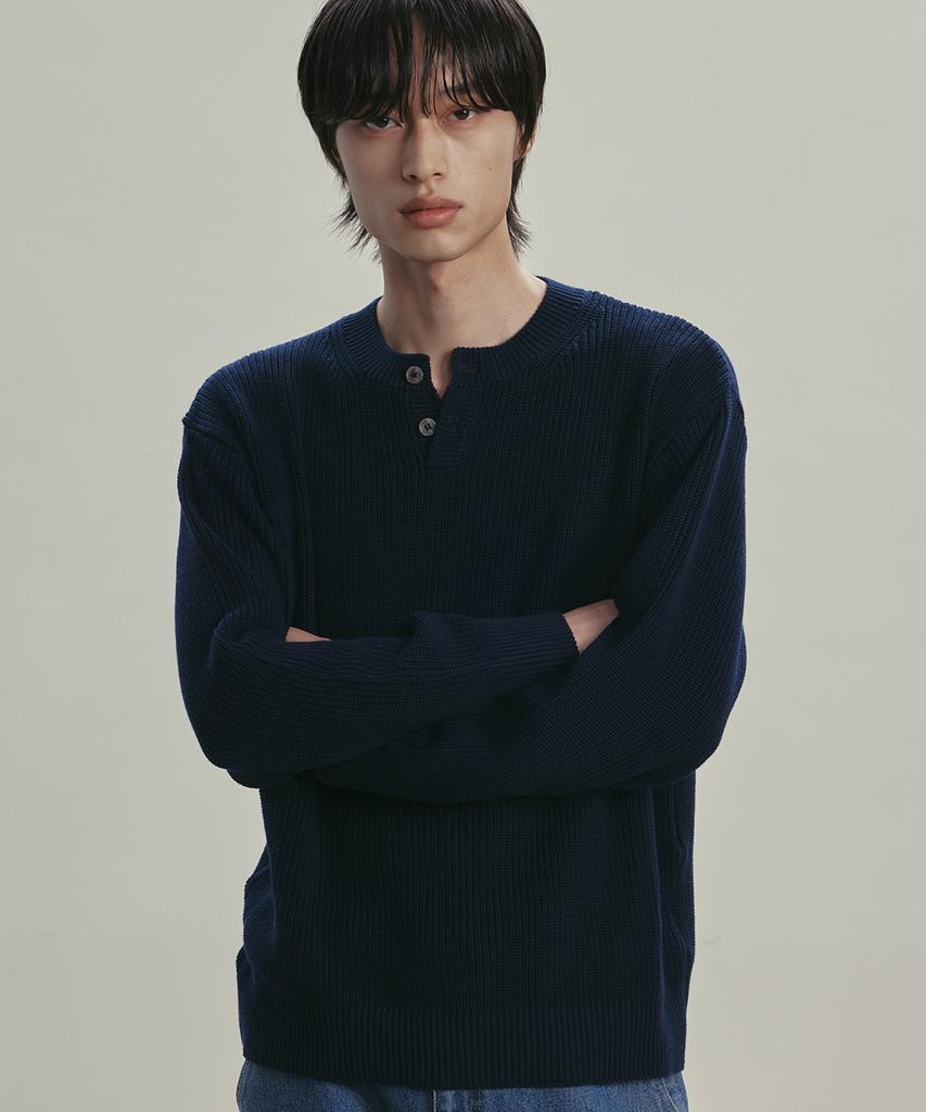 KNITTED Cotton Henley Neck Waffle Knit Navy
