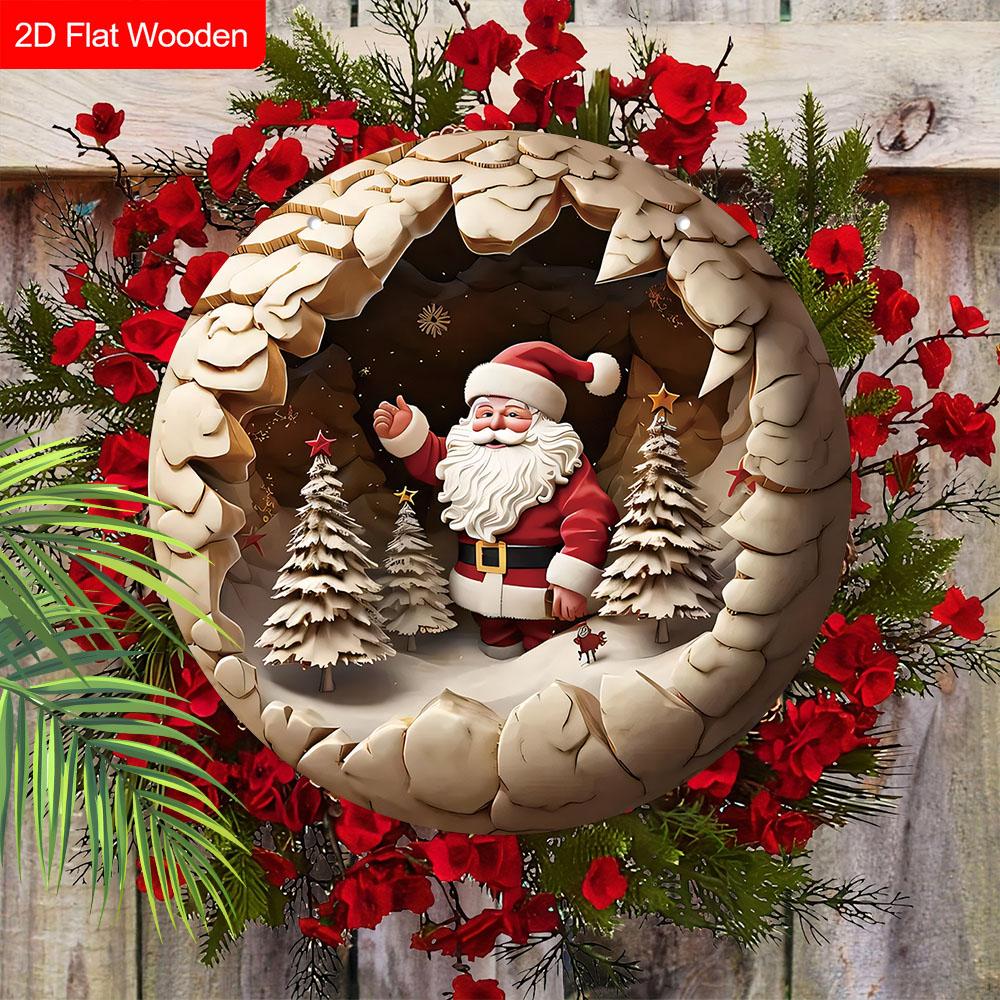 Wooden Christmas Sign with Santa Claus Pattern - Navidad Round Sign for Christmas Tree, Front Door, Wall Decor - Ideal Christmas Decoration
