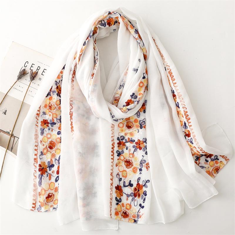 Ethnic Embroidery Cotton Blend Scarf - Soft, Warm, Curled Edge, Travel Sunscreen Shawl for Women