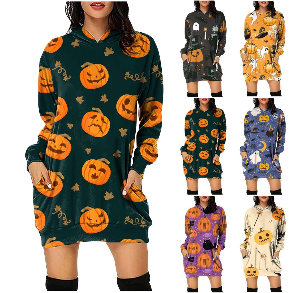 Women's Halloween  Printed Long Sleeve Hooded Pullover Dress Tops