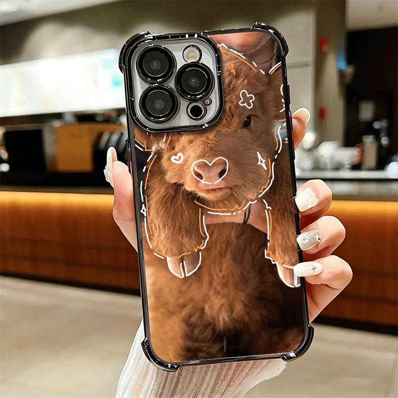 Cute Highland Cow Plating Phone Case For Iphone 16 17 Pro Max Air 16E 14 15 Plus 12 13 Mini Anti-Fall Airabag Cover