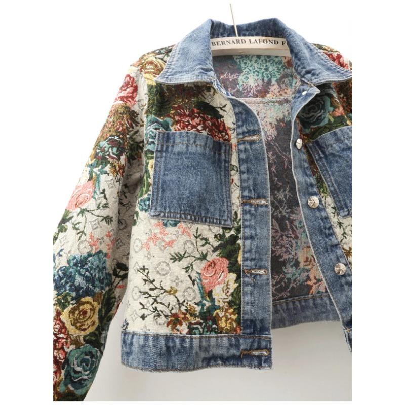 Пальто из денима с принтом в стиле пэчворк с лацканами, женская куртка с длинным рукавом, весна-осень, модная винтажная короткая верхняя одежда, однобортные пальто