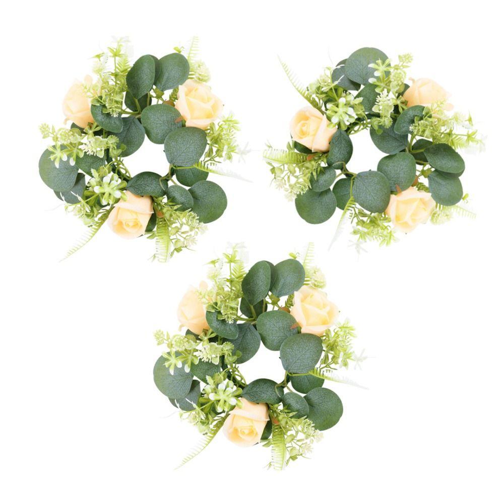 Rose Flower Wreath Candle Decoration Faux Greenery Desktop Candle Ornament Celebration Setting